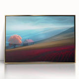 Modern Minimalist Landscape Prints – Cottage on Scarlet Hillside
