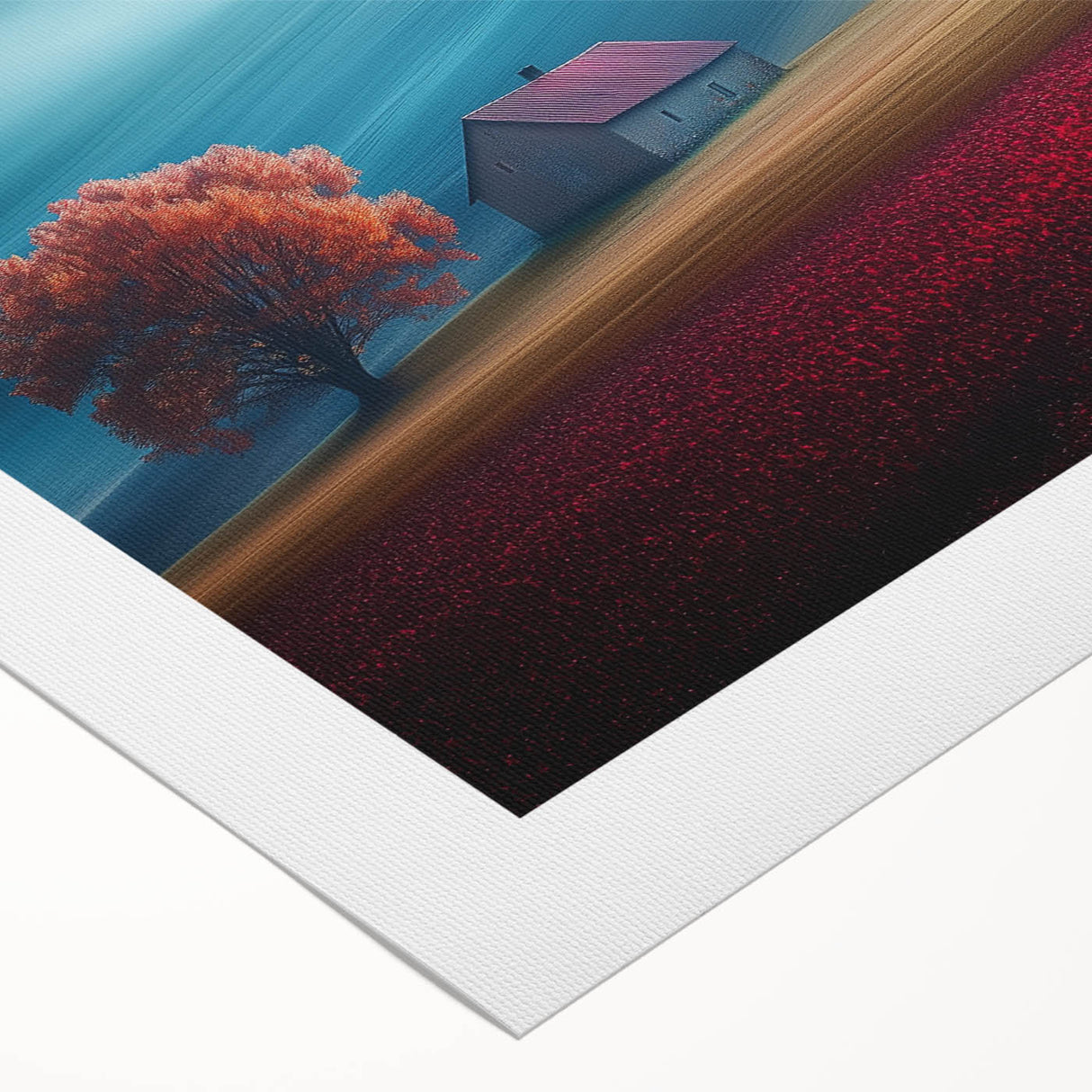 Modern Minimalist Landscape Prints – Cottage on Scarlet Hillside