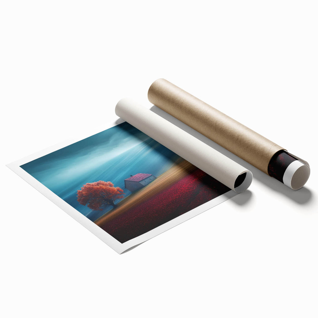 Modern Minimalist Landscape Prints – Cottage on Scarlet Hillside