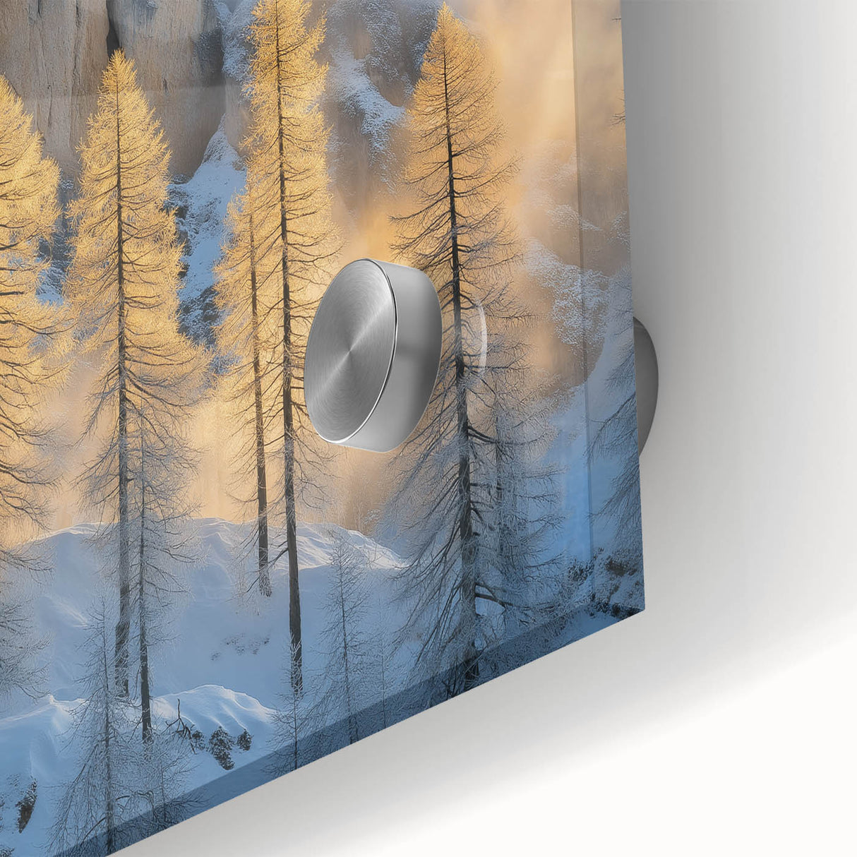 Golden Trees in Snowy Mountains – Winter Nature Art Print