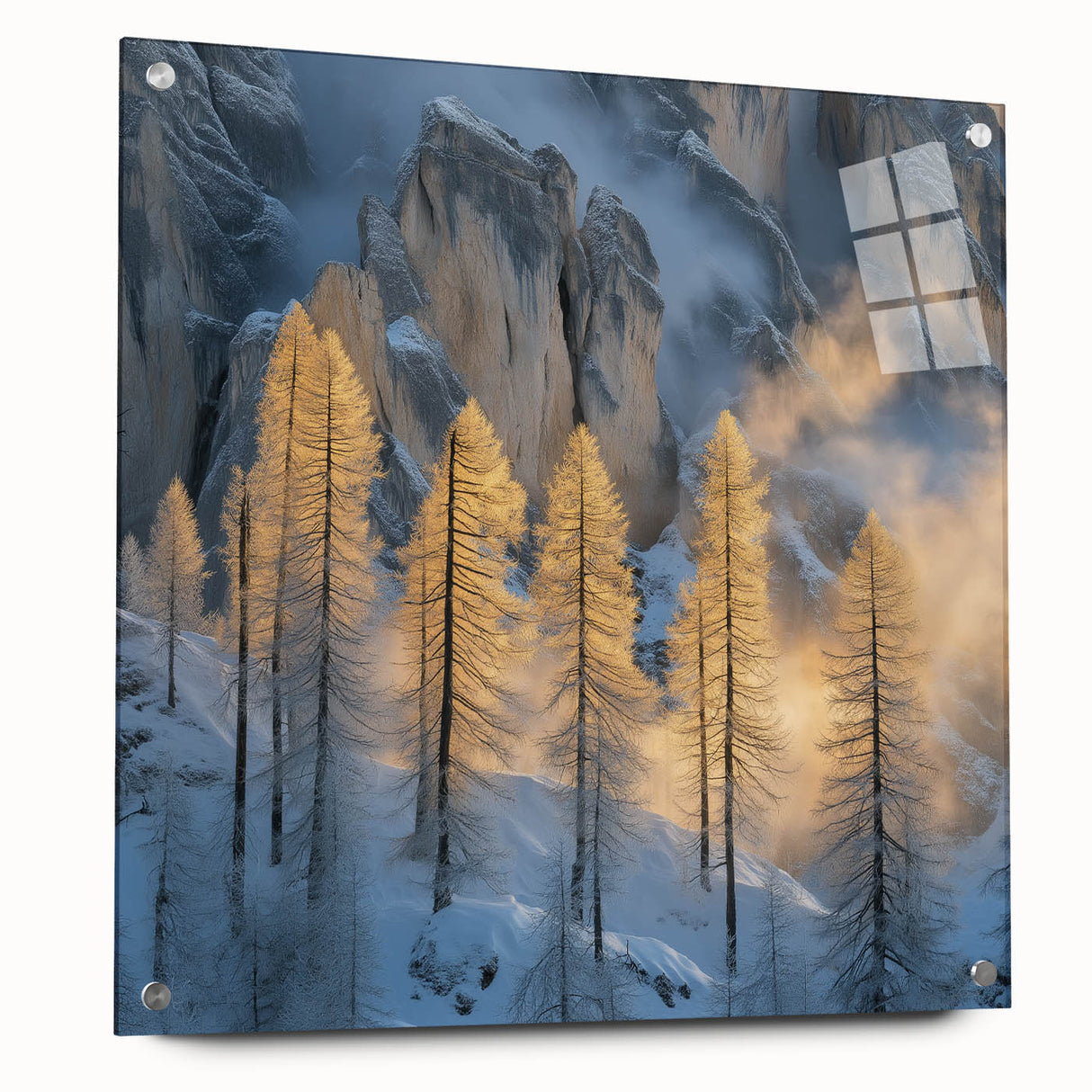 Golden Trees in Snowy Mountains – Winter Nature Art Print