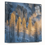 Golden Trees in Snowy Mountains – Winter Nature Art Print
