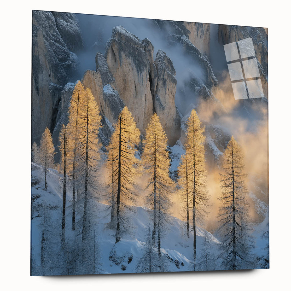 Golden Trees in Snowy Mountains – Winter Nature Art Print
