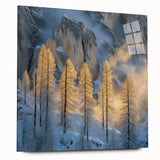 Golden Trees in Snowy Mountains – Winter Nature Art Print