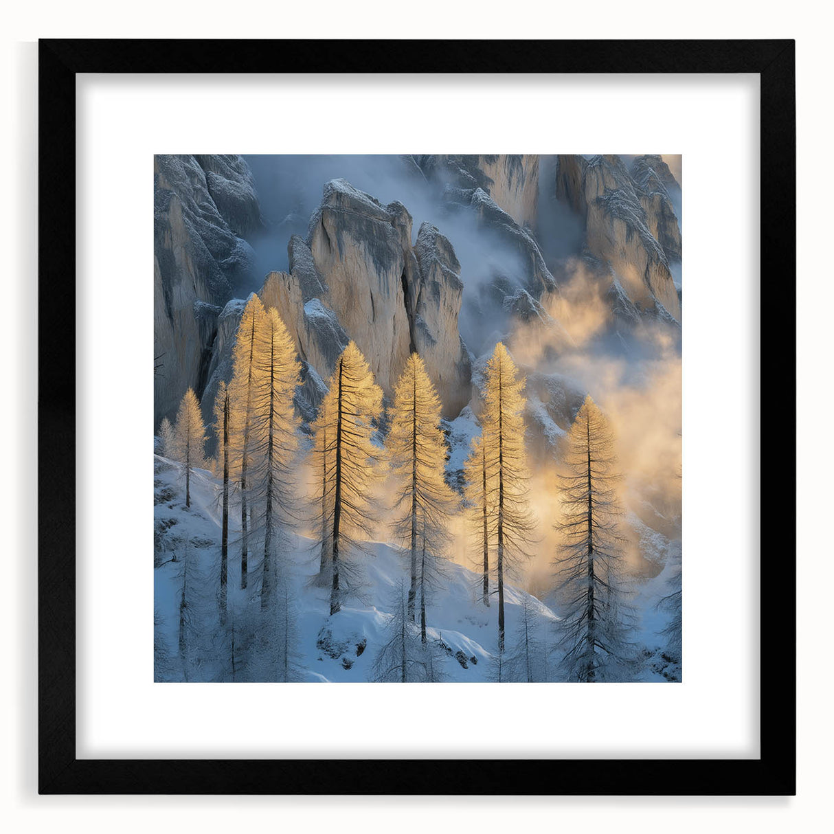 Golden Trees in Snowy Mountains – Winter Nature Art Print