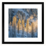 Golden Trees in Snowy Mountains – Winter Nature Art Print