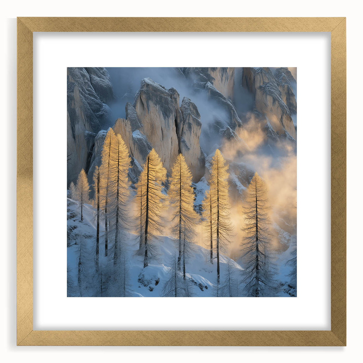 Golden Trees in Snowy Mountains – Winter Nature Art Print