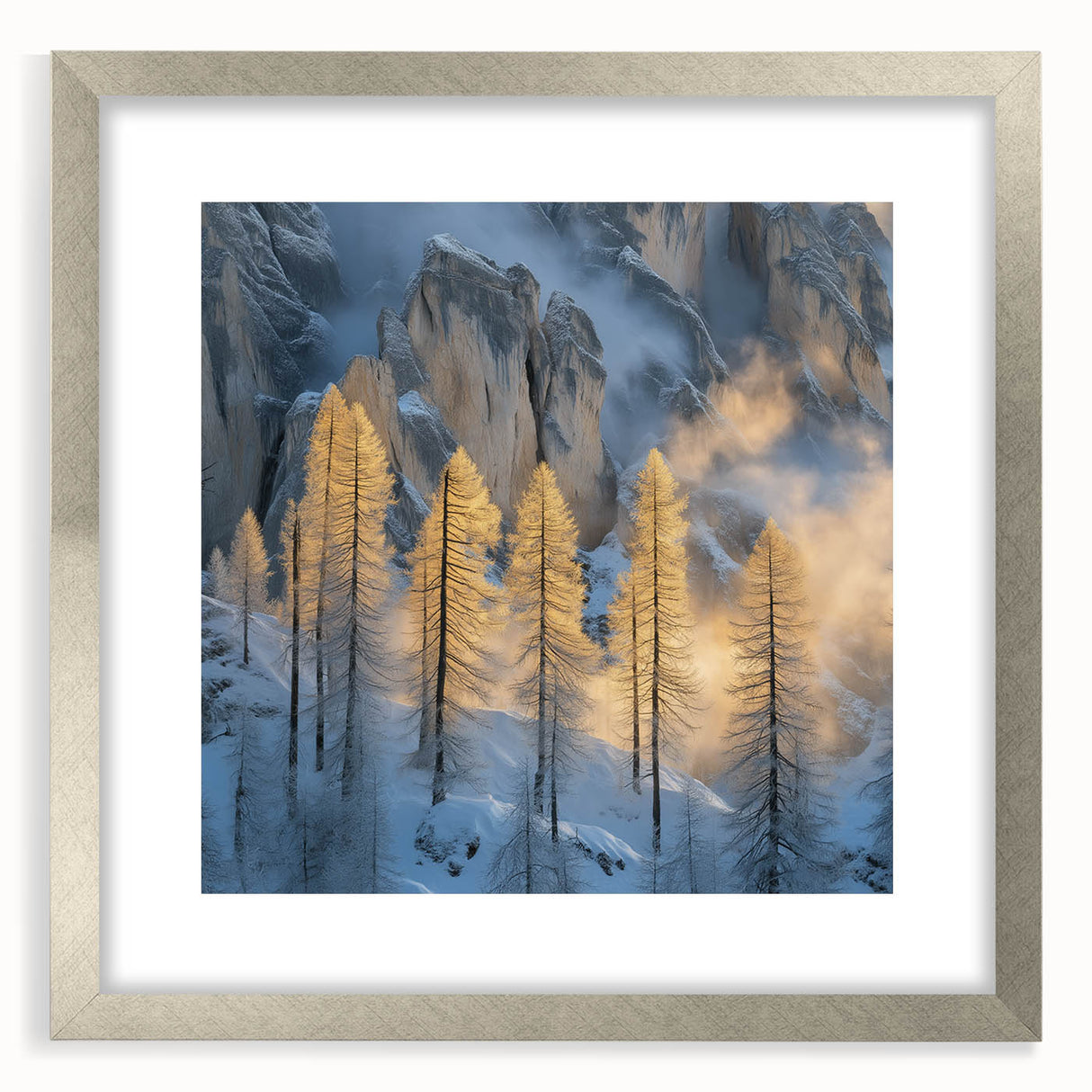 Golden Trees in Snowy Mountains – Winter Nature Art Print