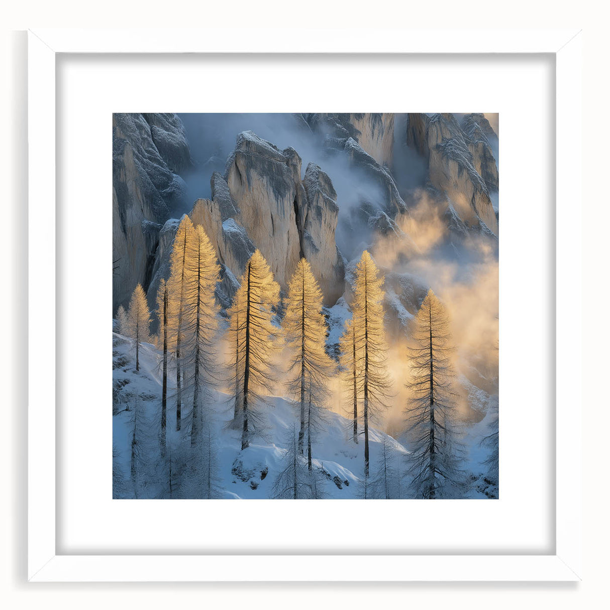 Golden Trees in Snowy Mountains – Winter Nature Art Print