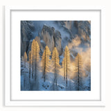 Golden Trees in Snowy Mountains – Winter Nature Art Print