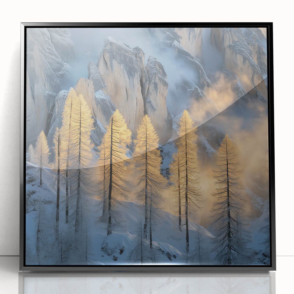 Golden Trees in Snowy Mountains – Winter Nature Art Print