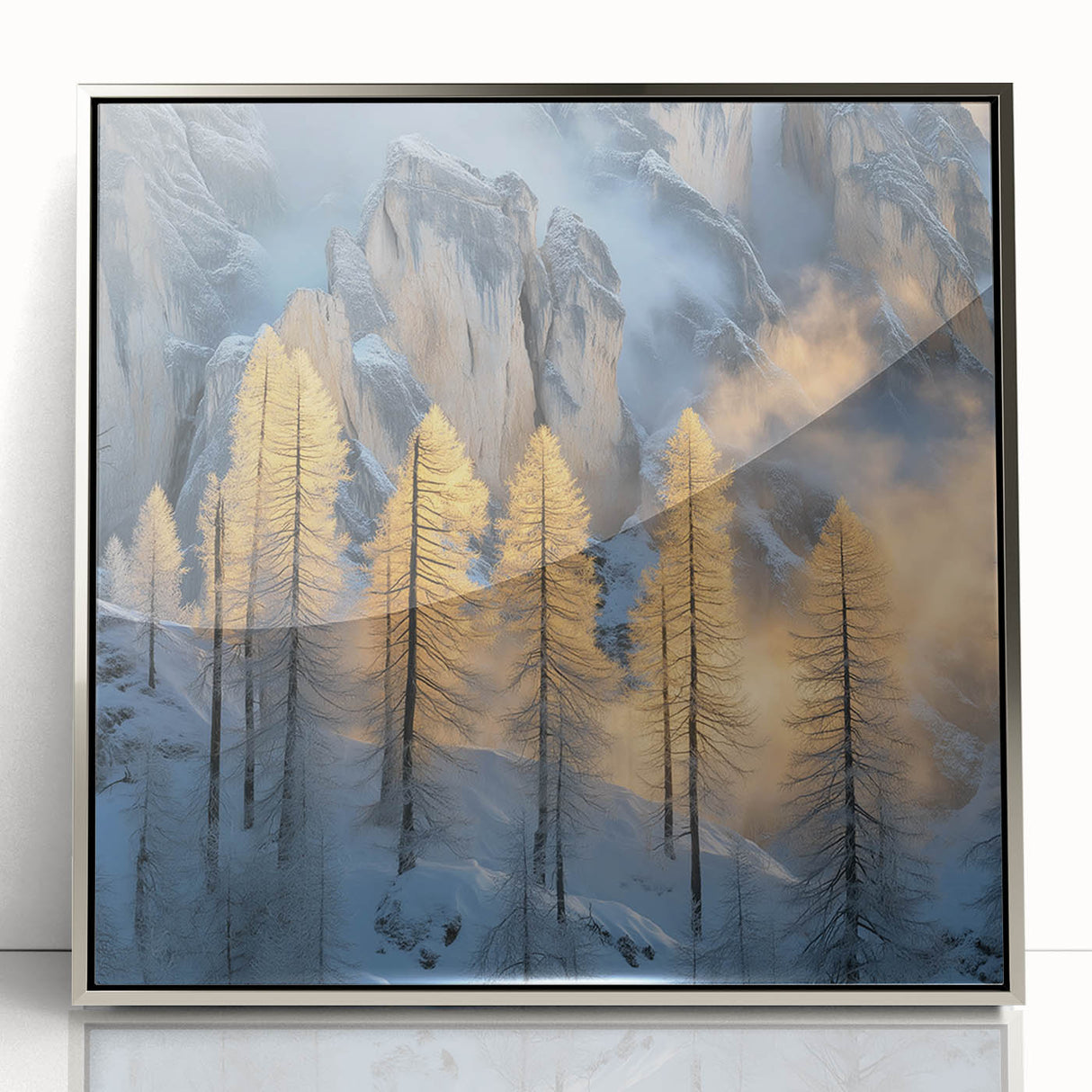 Golden Trees in Snowy Mountains – Winter Nature Art Print
