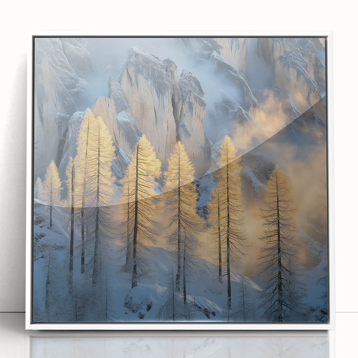 Golden Trees in Snowy Mountains – Winter Nature Art Print