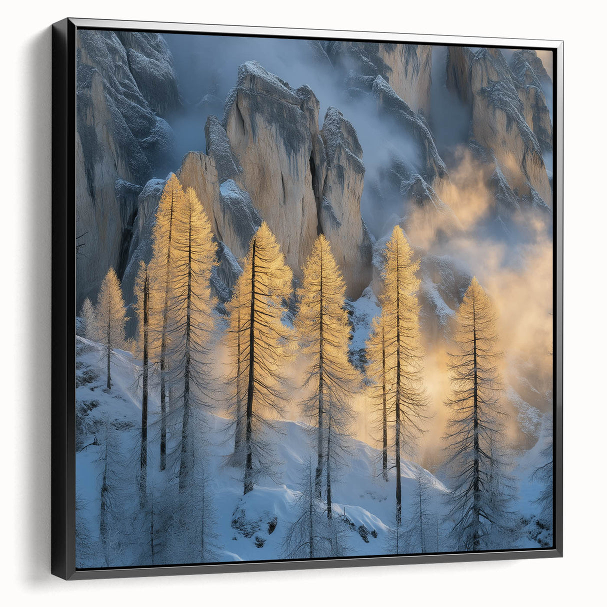Golden Trees in Snowy Mountains – Winter Nature Art Print