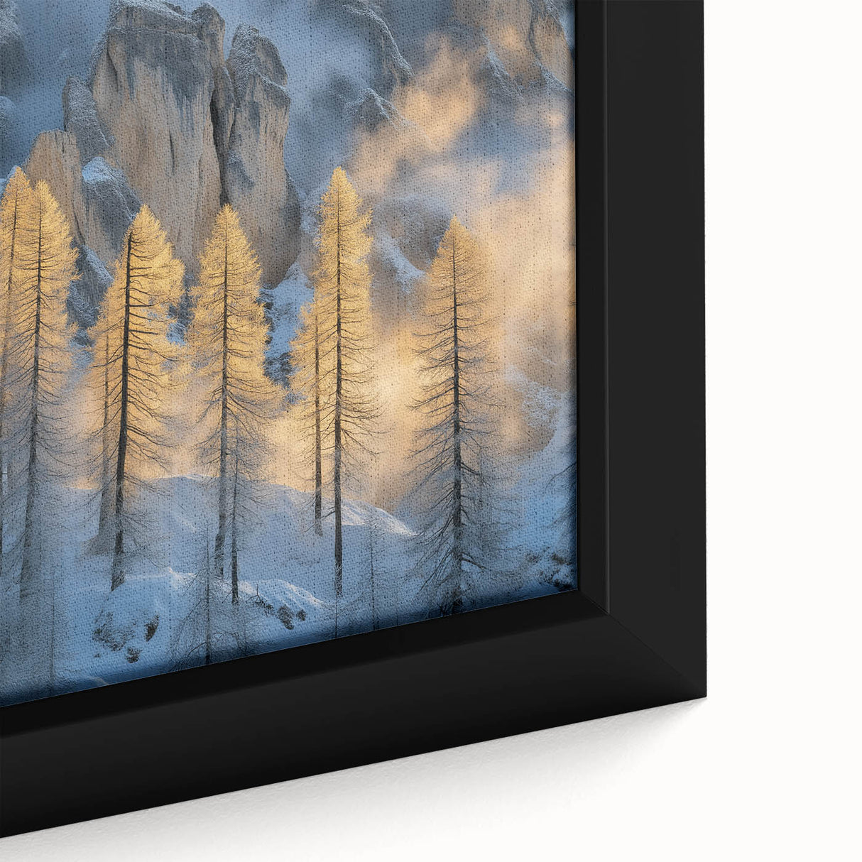 Golden Trees in Snowy Mountains – Winter Nature Art Print