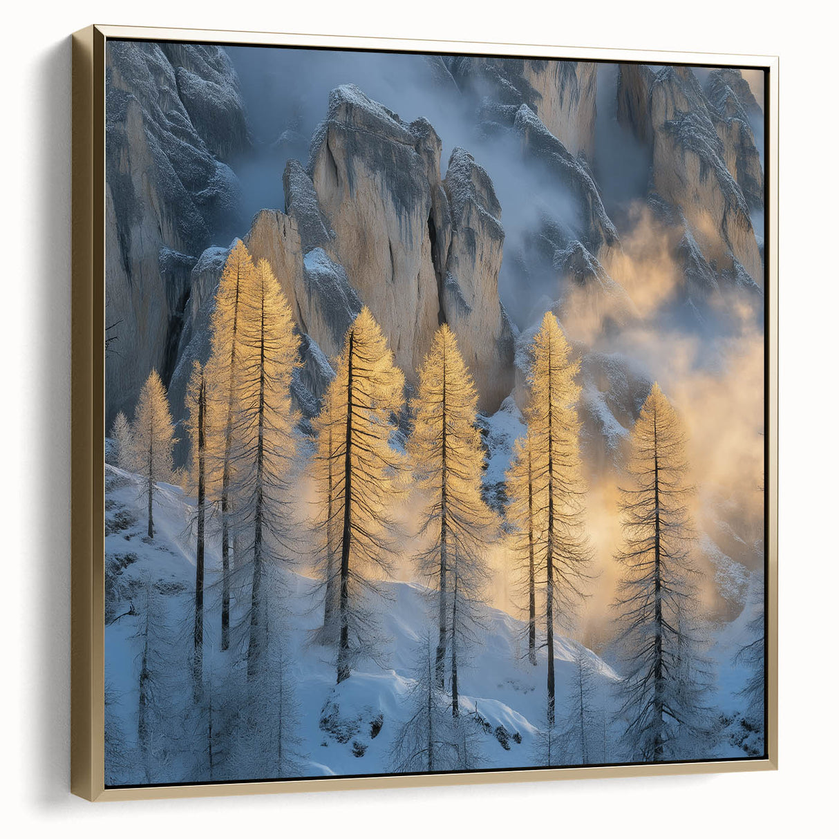 Golden Trees in Snowy Mountains – Winter Nature Art Print