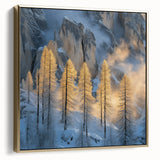 Golden Trees in Snowy Mountains – Winter Nature Art Print