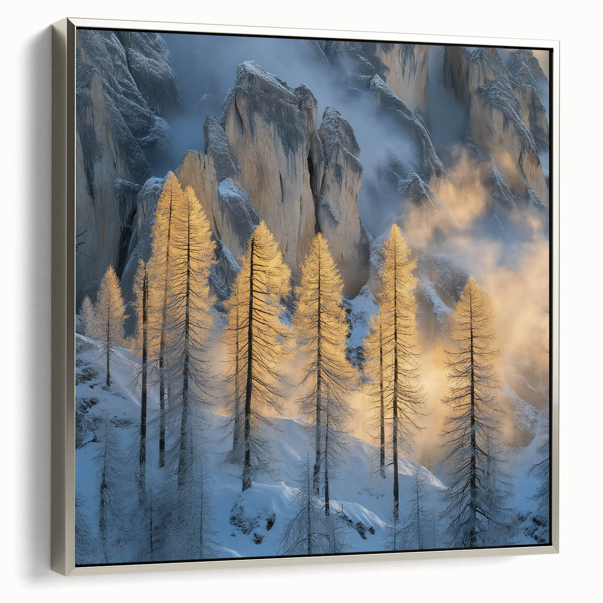 Golden Trees in Snowy Mountains – Winter Nature Art Print