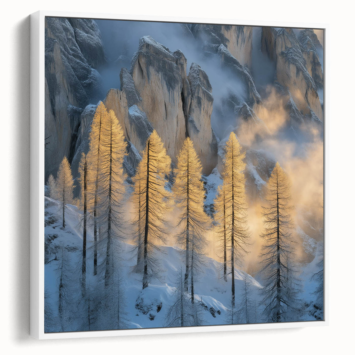 Golden Trees in Snowy Mountains – Winter Nature Art Print
