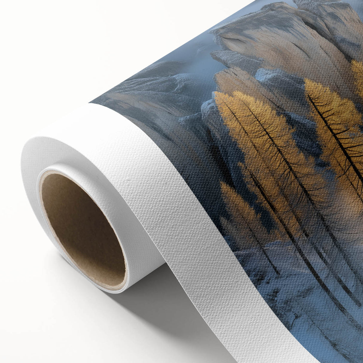 Golden Trees in Snowy Mountains – Winter Nature Art Print