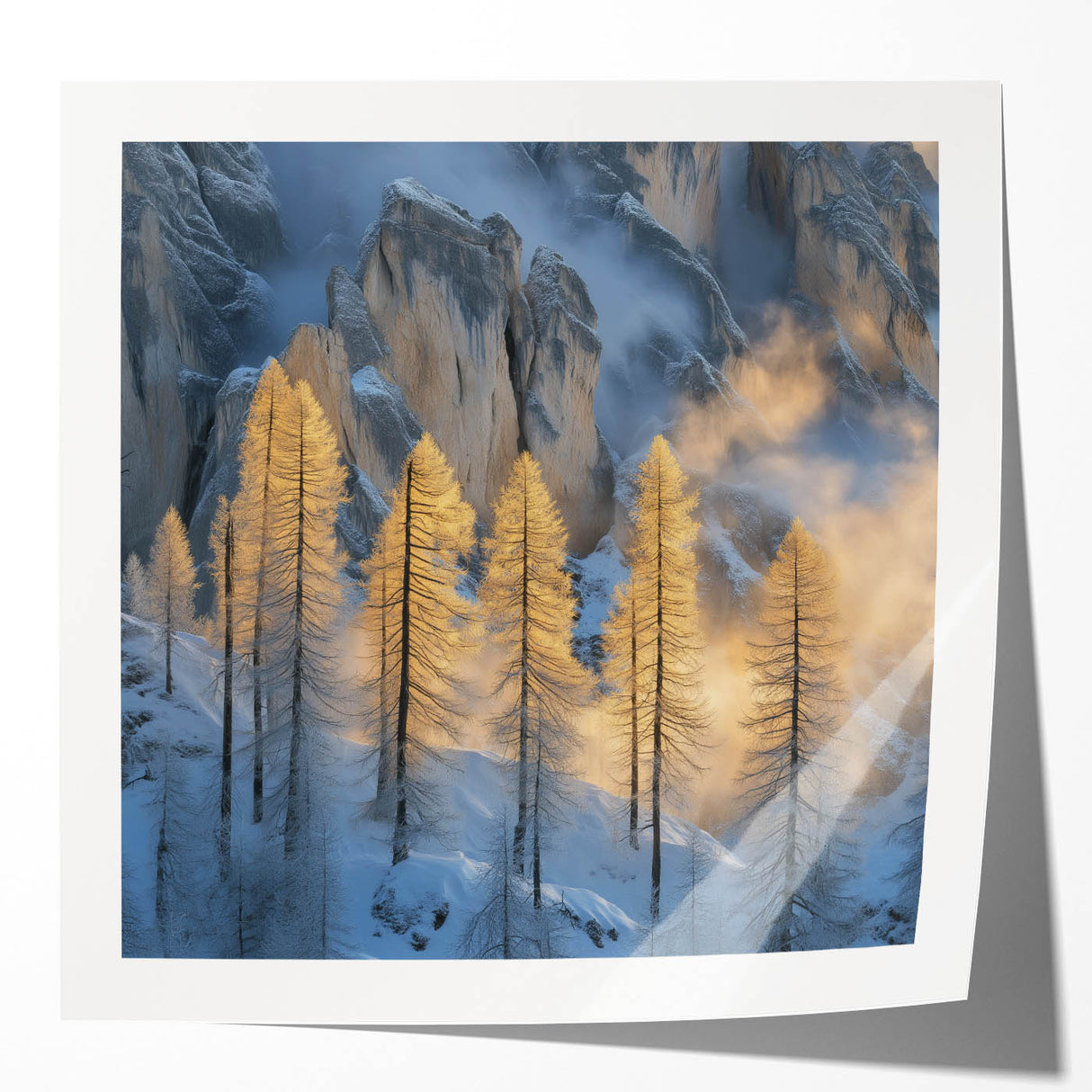 Golden Trees in Snowy Mountains – Winter Nature Art Print