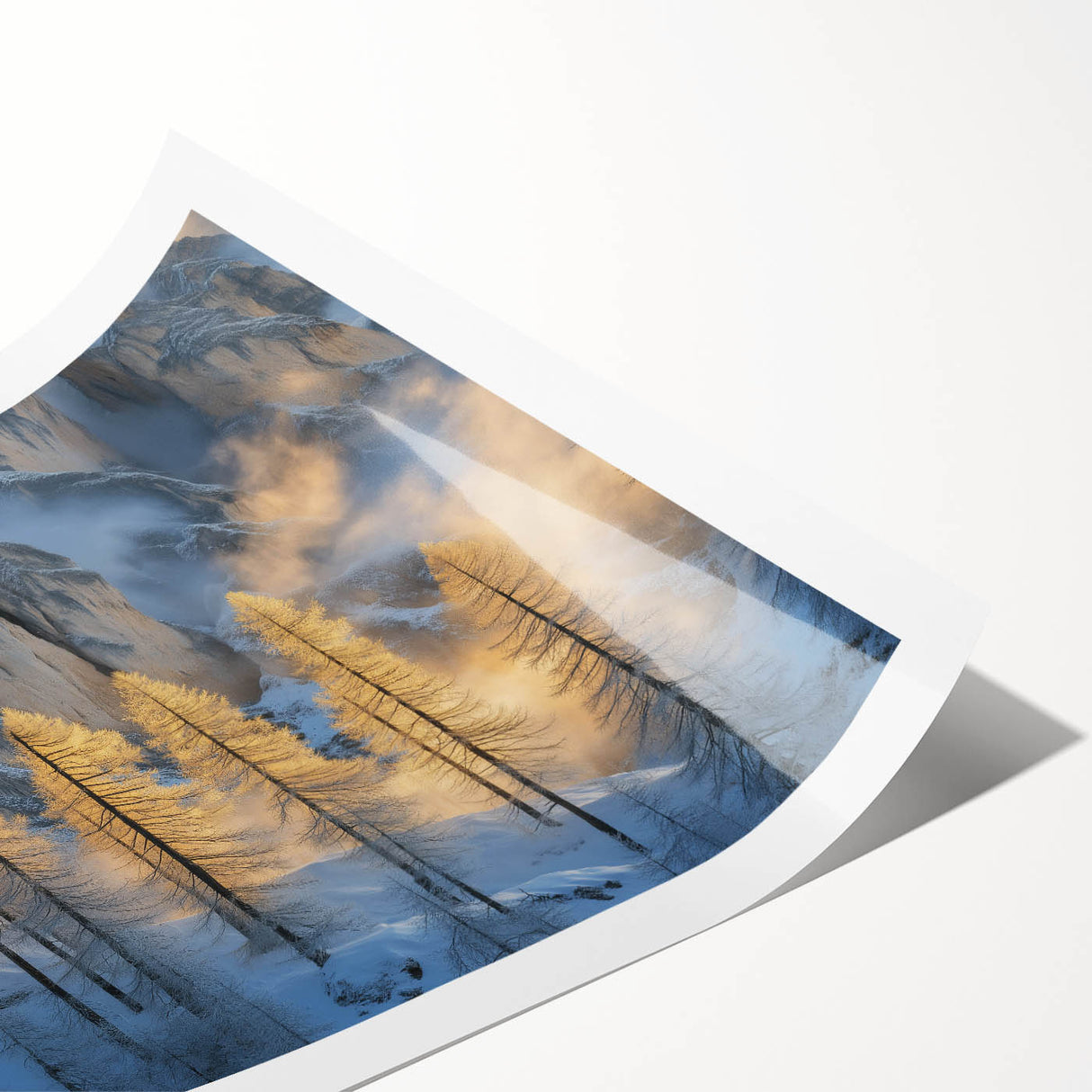 Golden Trees in Snowy Mountains – Winter Nature Art Print