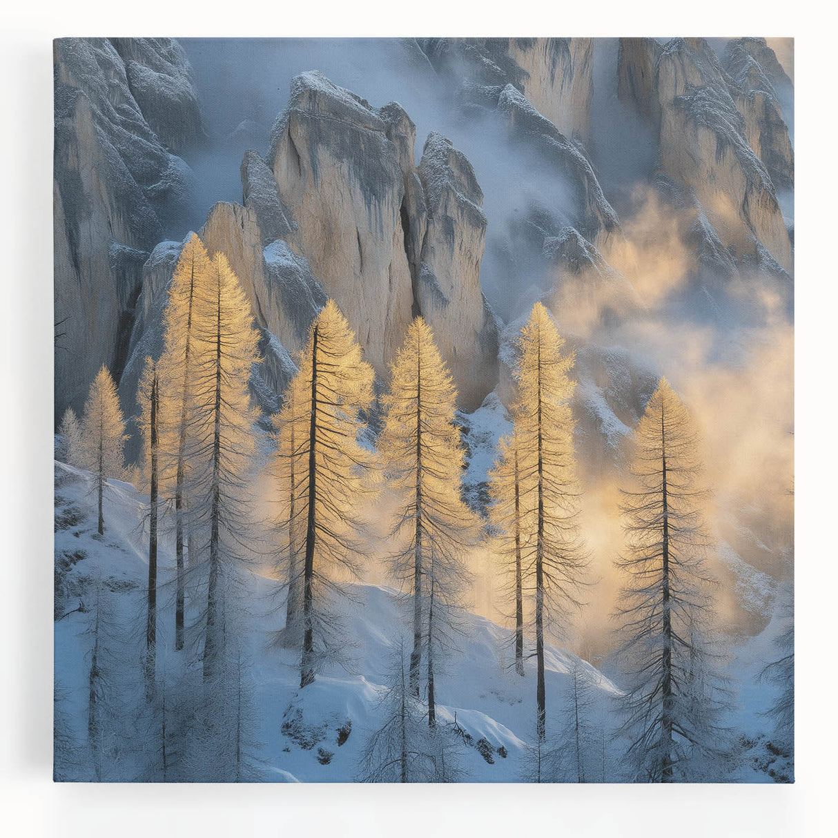 Golden Trees in Snowy Mountains – Winter Nature Art Print