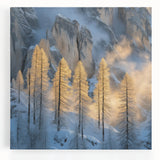 Golden Trees in Snowy Mountains – Winter Nature Art Print