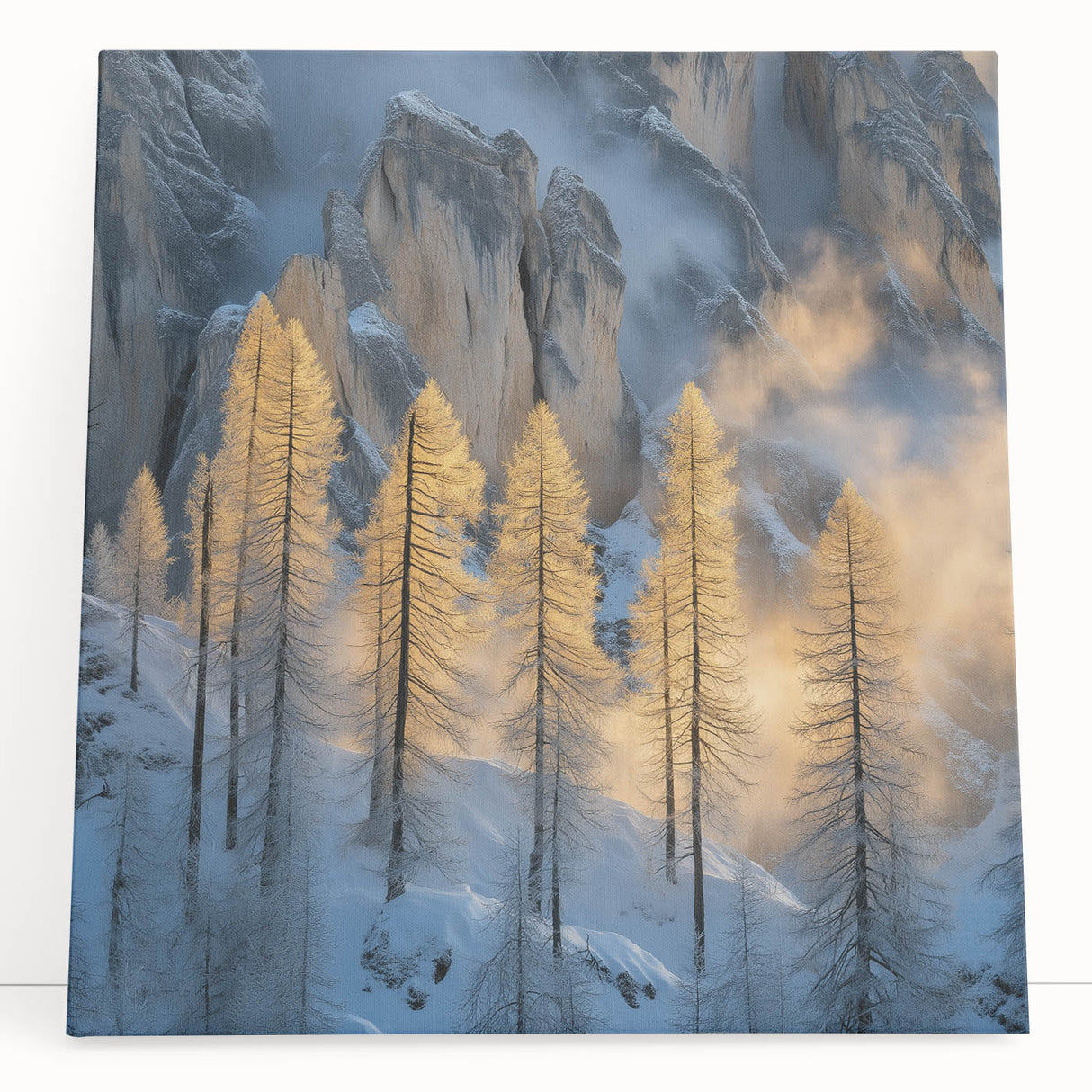Golden Trees in Snowy Mountains – Winter Nature Art Print