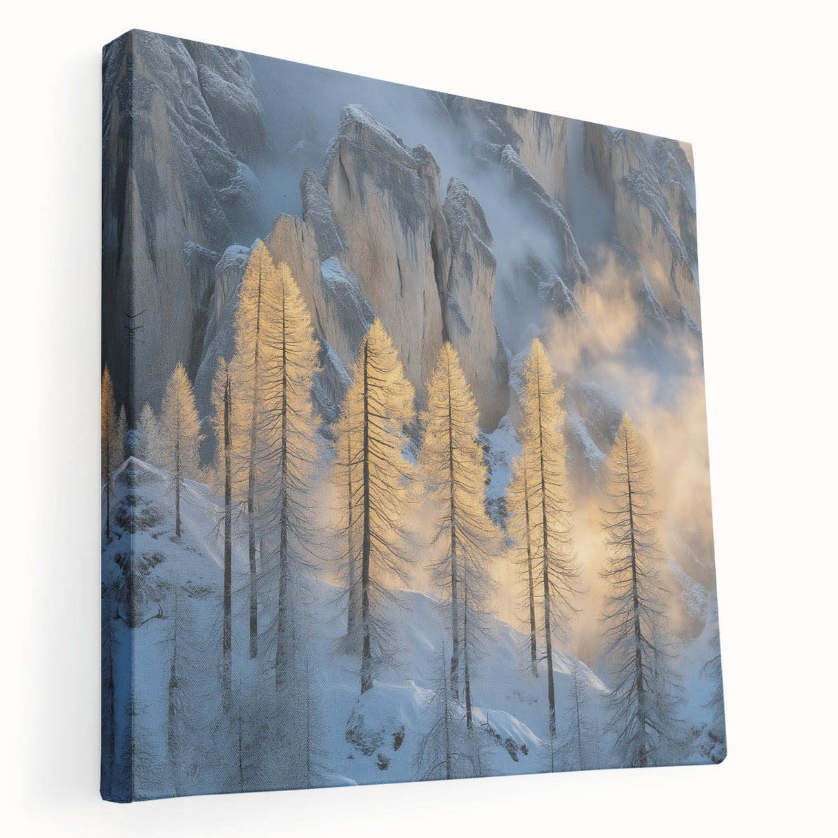Golden Trees in Snowy Mountains – Winter Nature Art Print