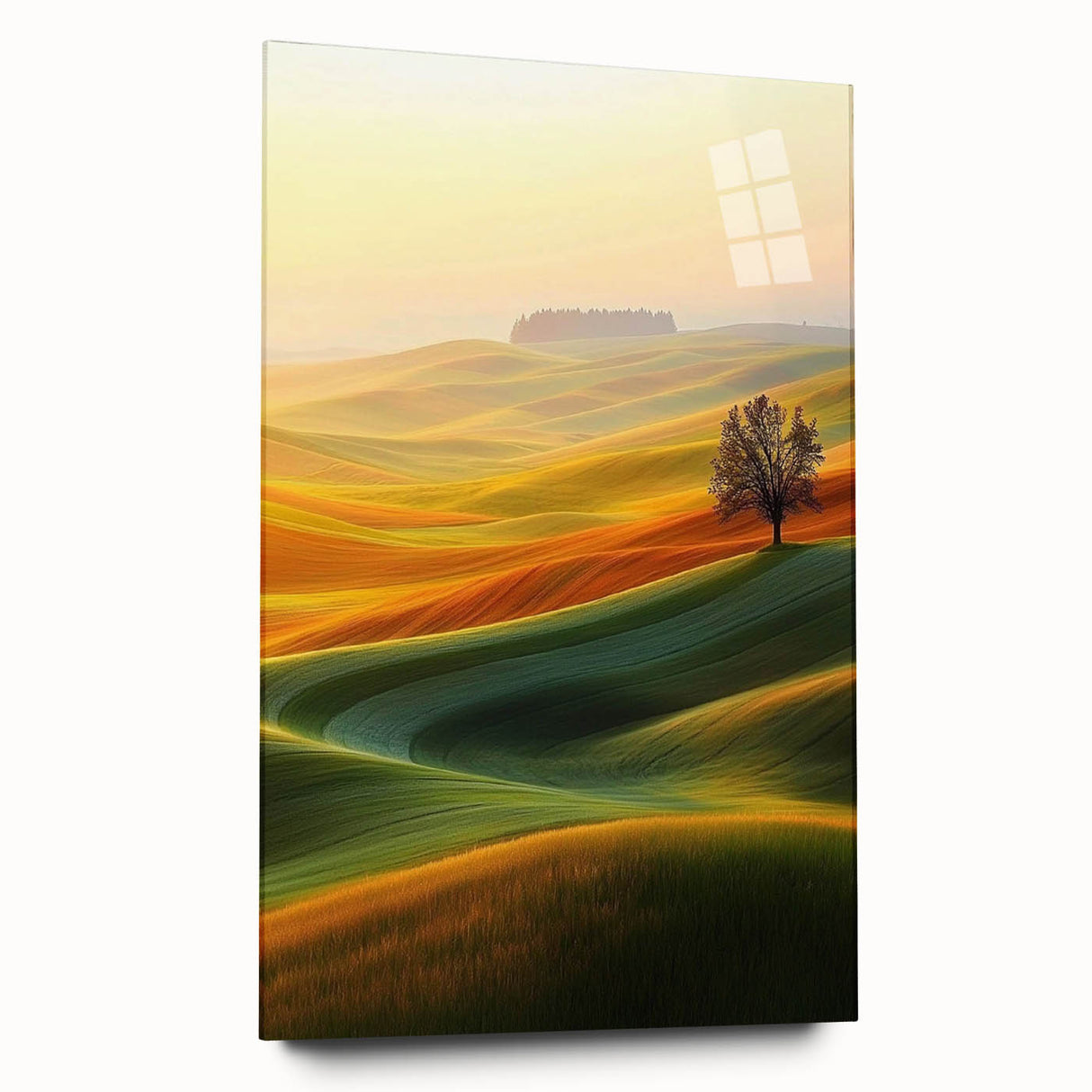 Contemporary Minimalist Nature Art – Golden Tree on Rolling Hills