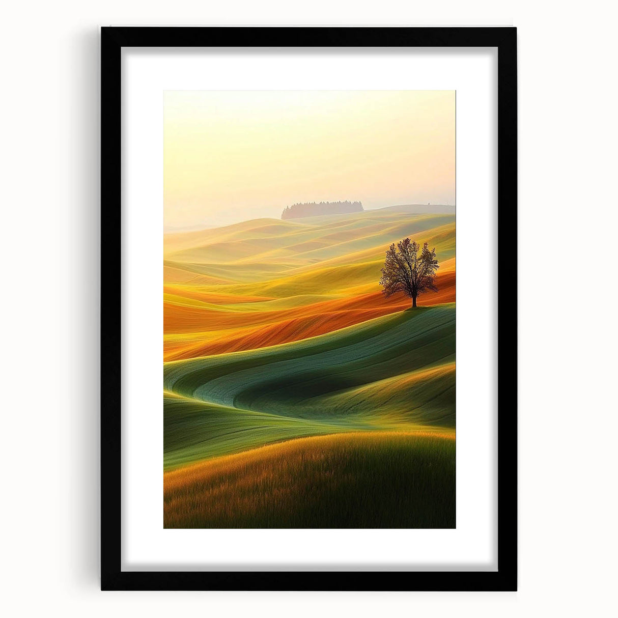 Contemporary Minimalist Nature Art – Golden Tree on Rolling Hills
