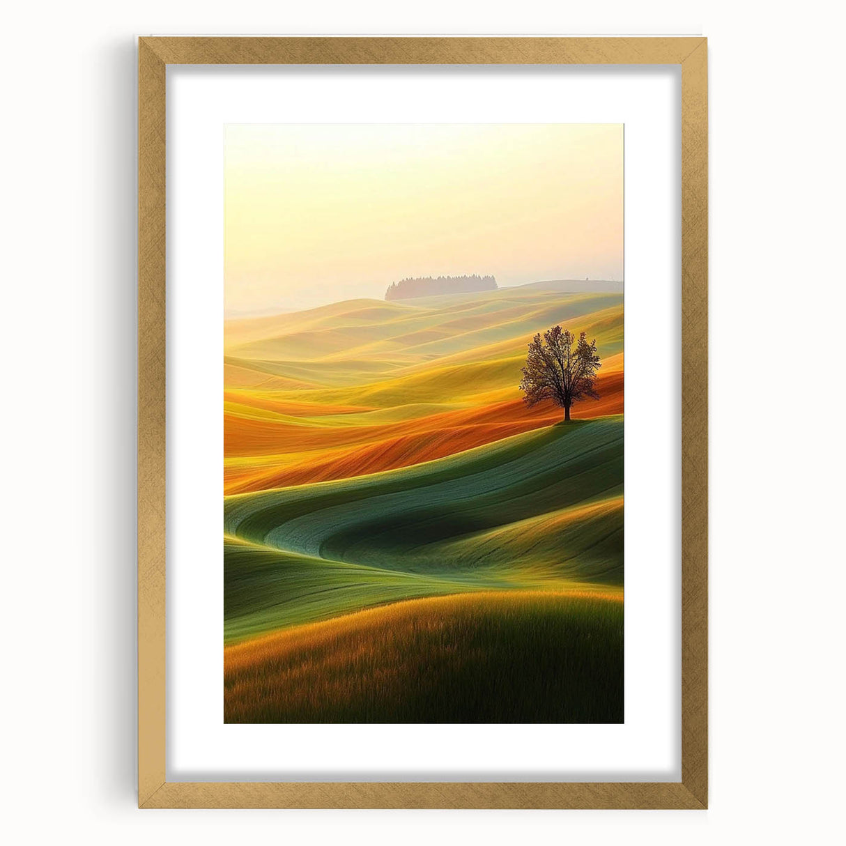 Contemporary Minimalist Nature Art – Golden Tree on Rolling Hills