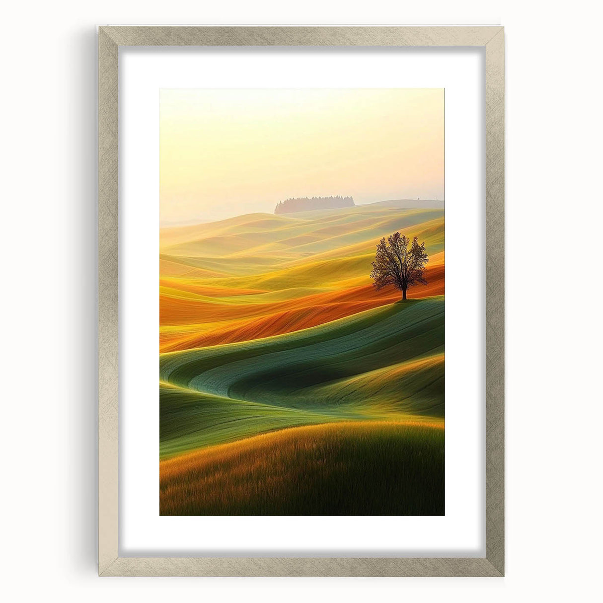 Contemporary Minimalist Nature Art – Golden Tree on Rolling Hills
