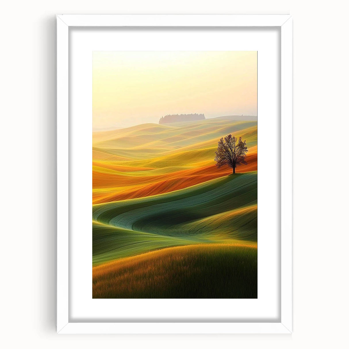 Contemporary Minimalist Nature Art – Golden Tree on Rolling Hills