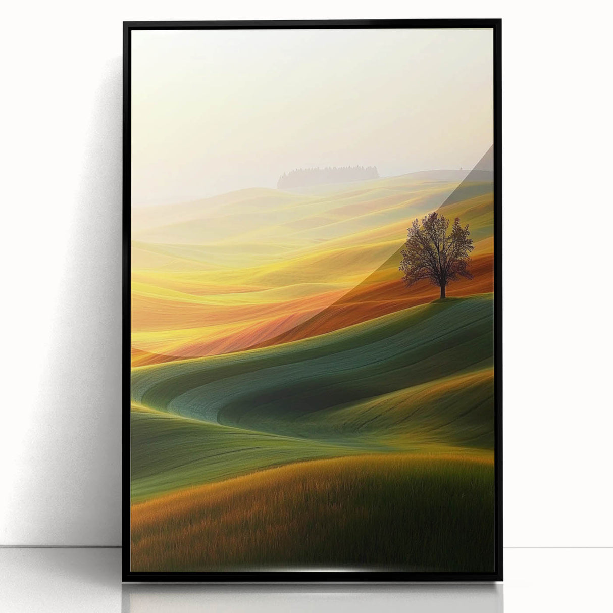Contemporary Minimalist Nature Art – Golden Tree on Rolling Hills