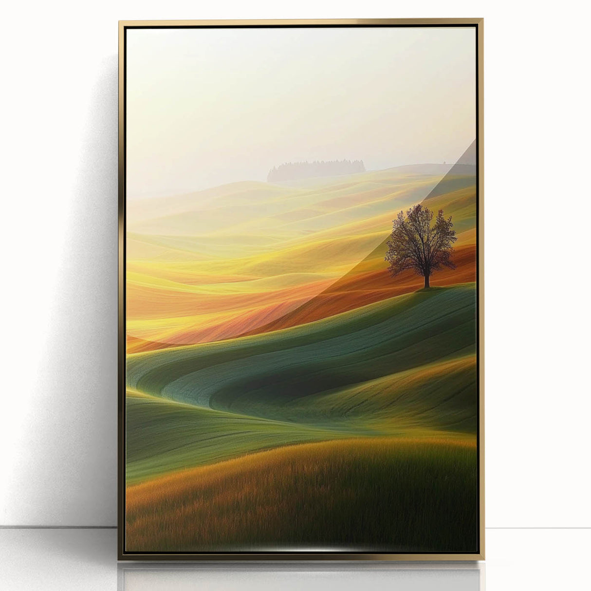 Contemporary Minimalist Nature Art – Golden Tree on Rolling Hills