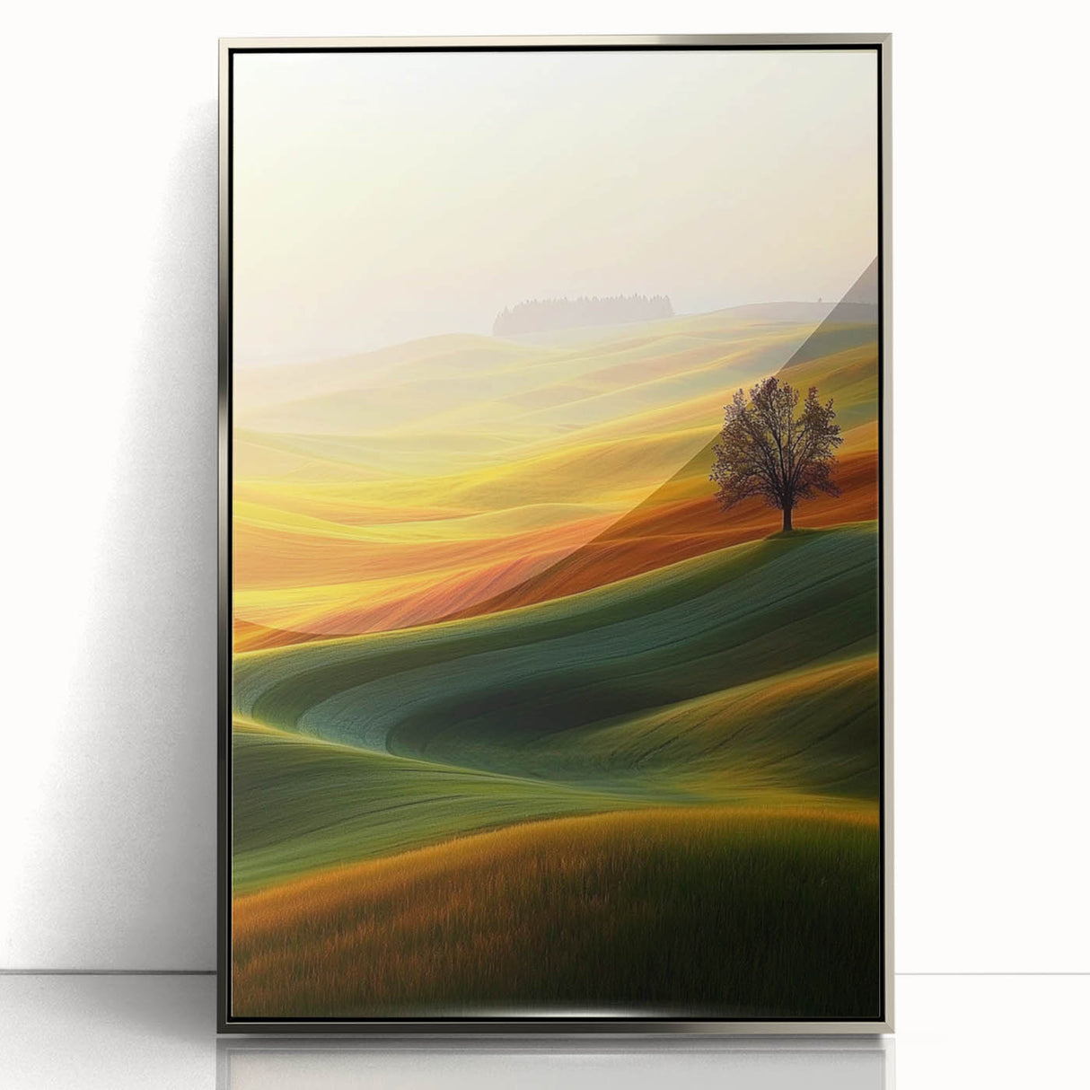Contemporary Minimalist Nature Art – Golden Tree on Rolling Hills