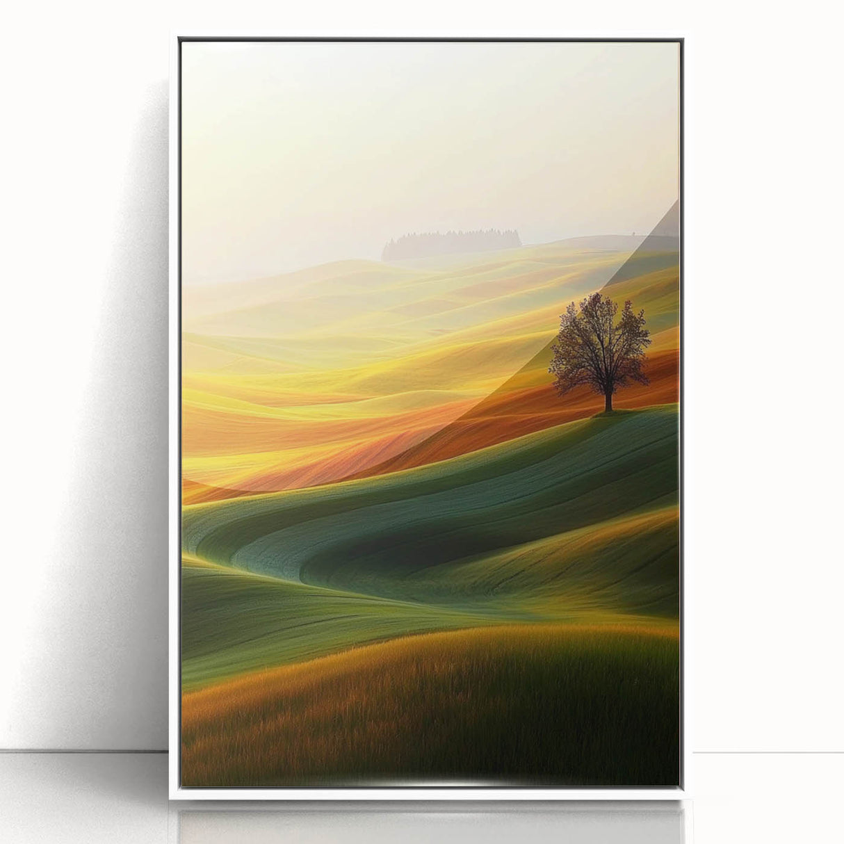 Contemporary Minimalist Nature Art – Golden Tree on Rolling Hills