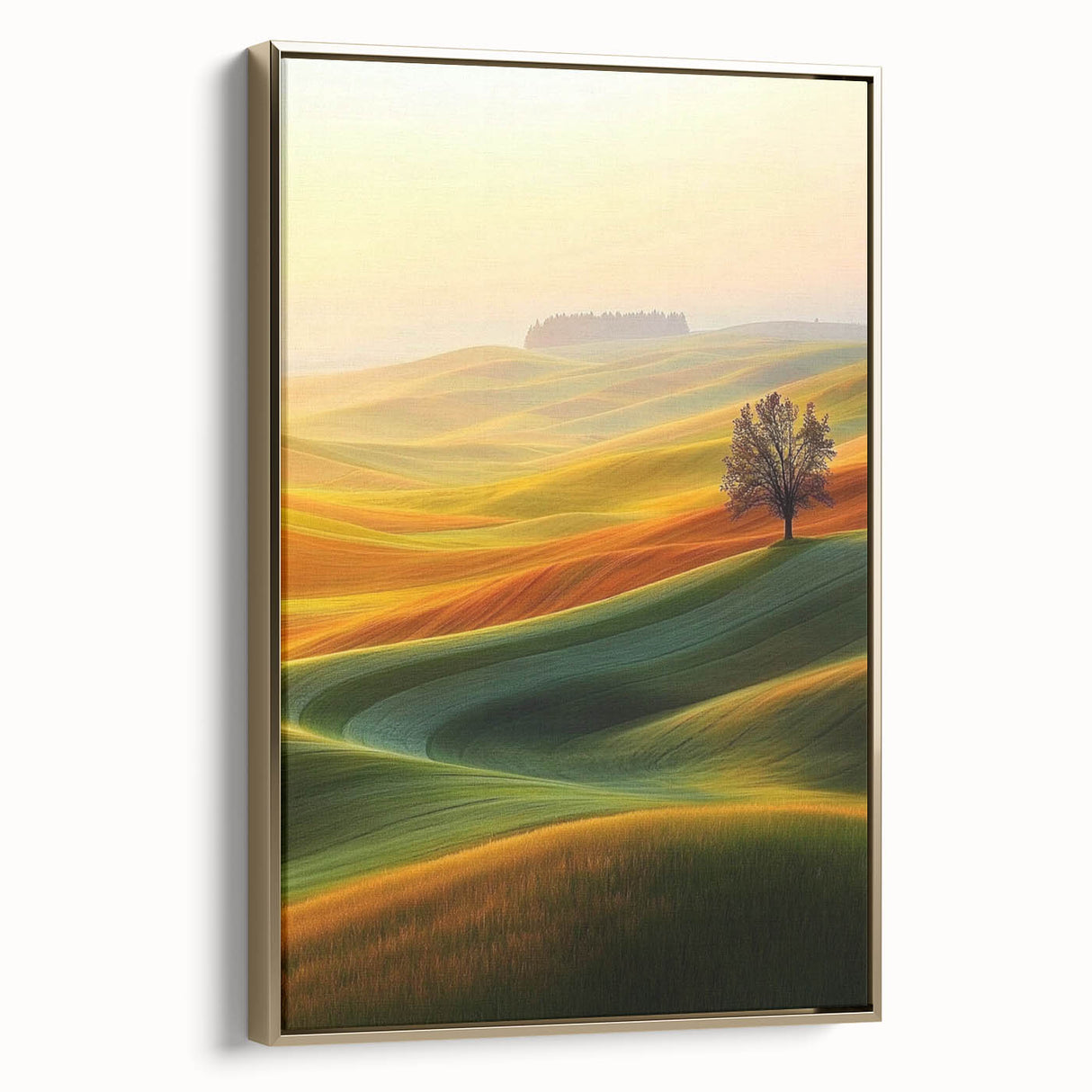 Contemporary Minimalist Nature Art – Golden Tree on Rolling Hills