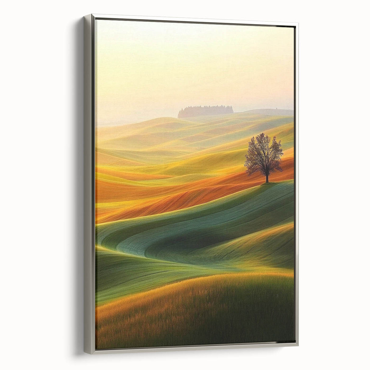 Contemporary Minimalist Nature Art – Golden Tree on Rolling Hills