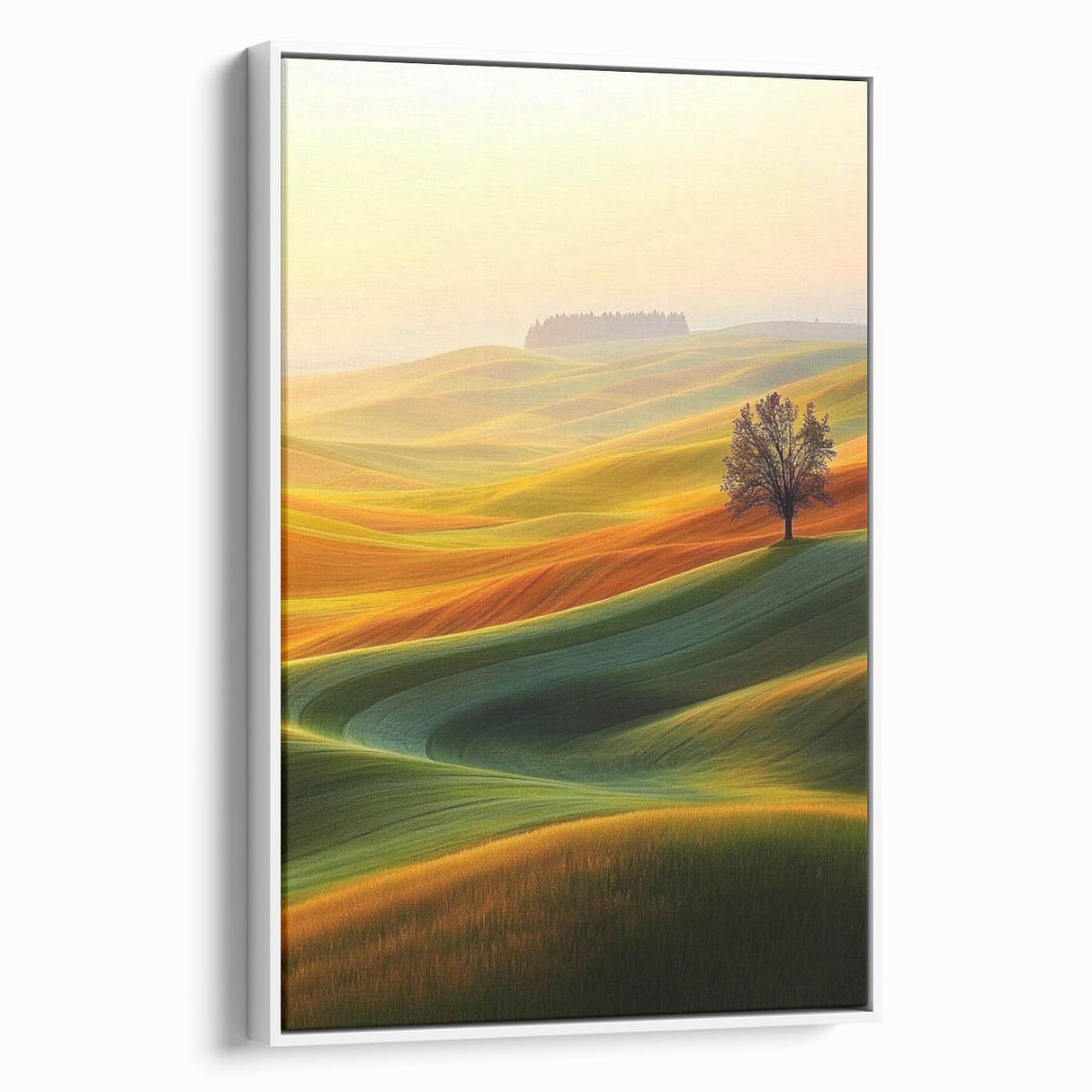 Contemporary Minimalist Nature Art – Golden Tree on Rolling Hills