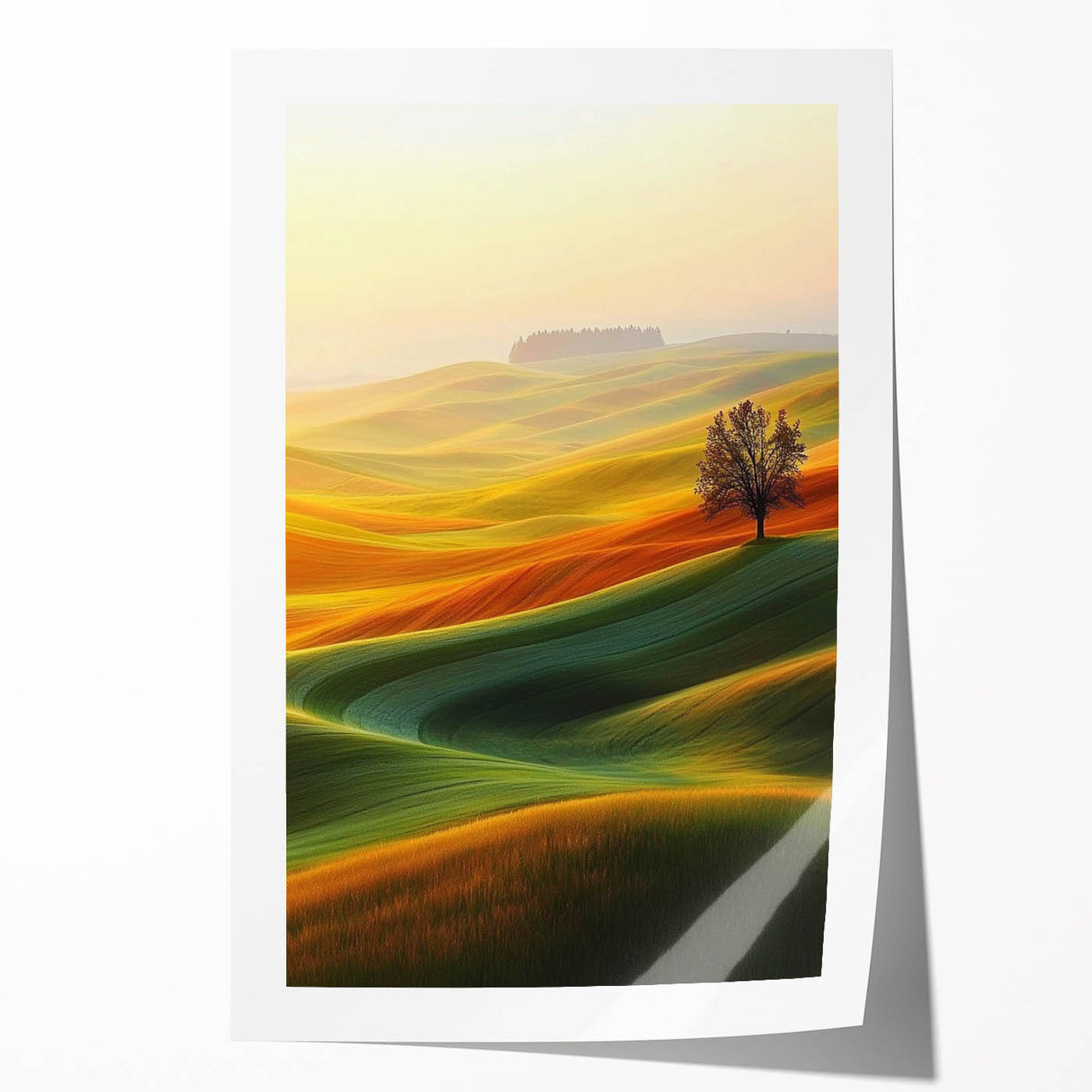 Contemporary Minimalist Nature Art – Golden Tree on Rolling Hills