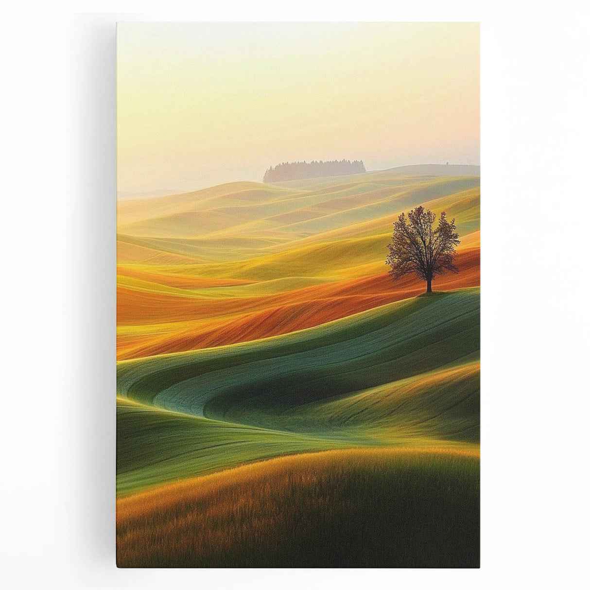 Contemporary Minimalist Nature Art – Golden Tree on Rolling Hills