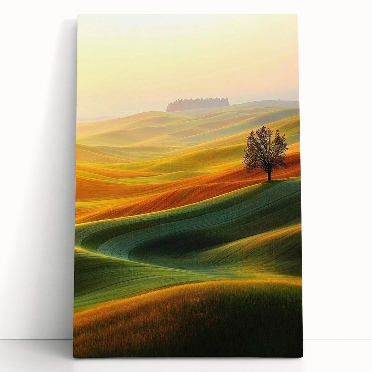Contemporary Minimalist Nature Art – Golden Tree on Rolling Hills