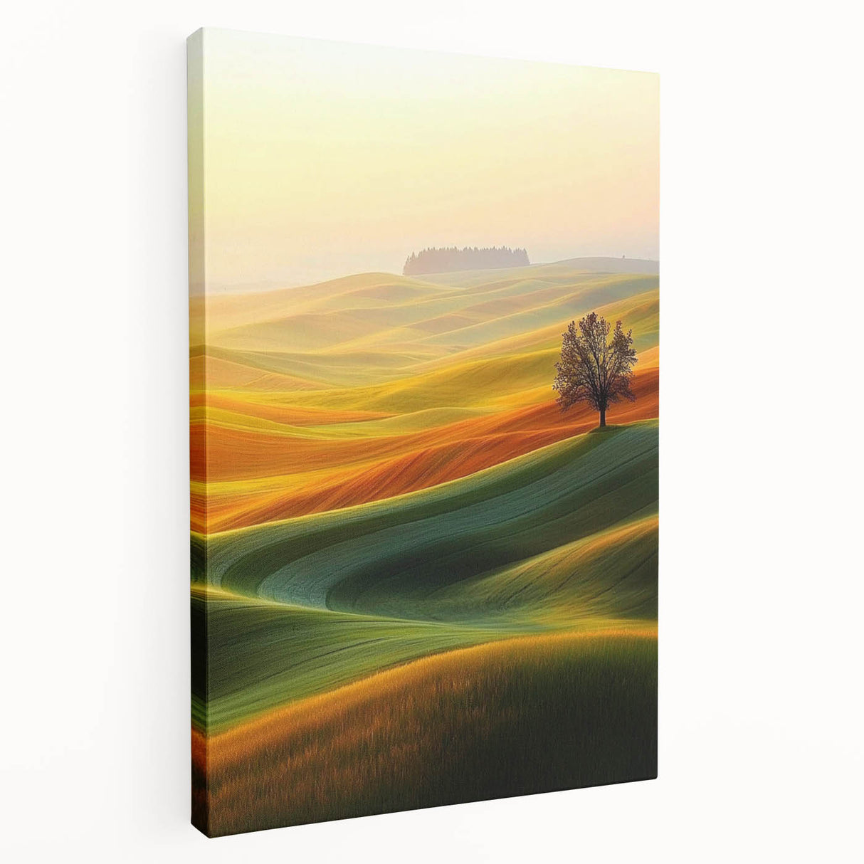 Contemporary Minimalist Nature Art – Golden Tree on Rolling Hills