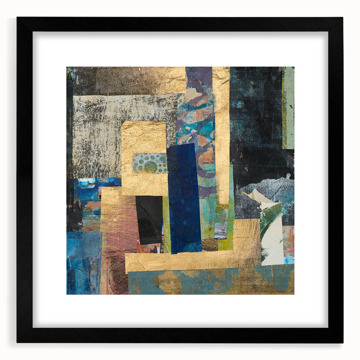 Geometric Moody Modern Wall Art - Abstract Blue & Gold Collage