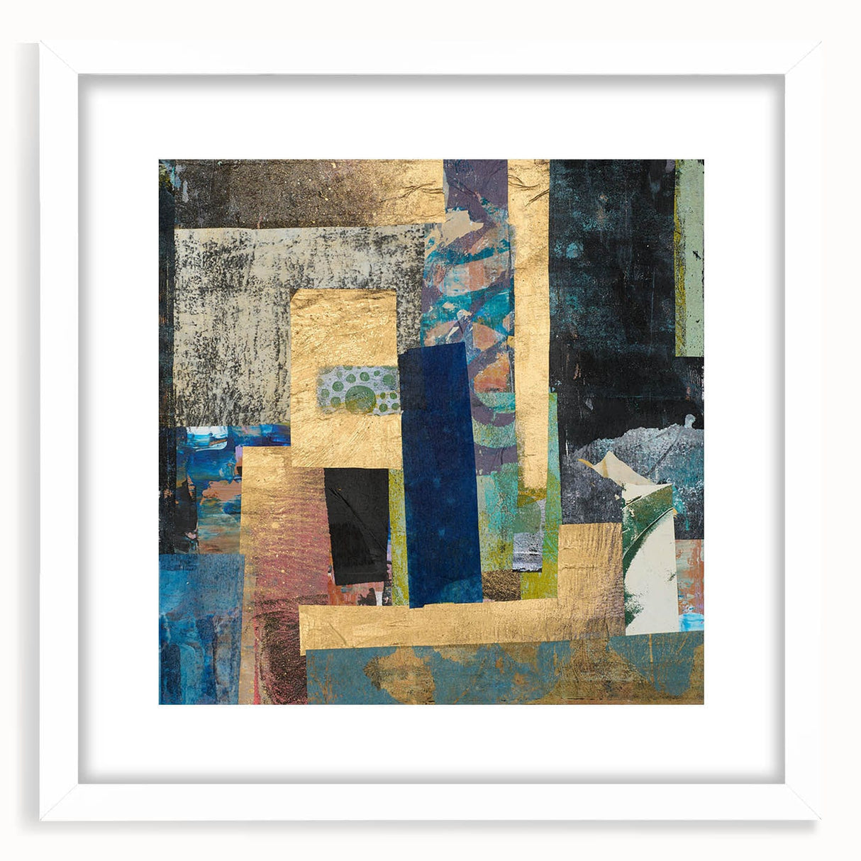 Geometric Moody Modern Wall Art - Abstract Blue & Gold Collage