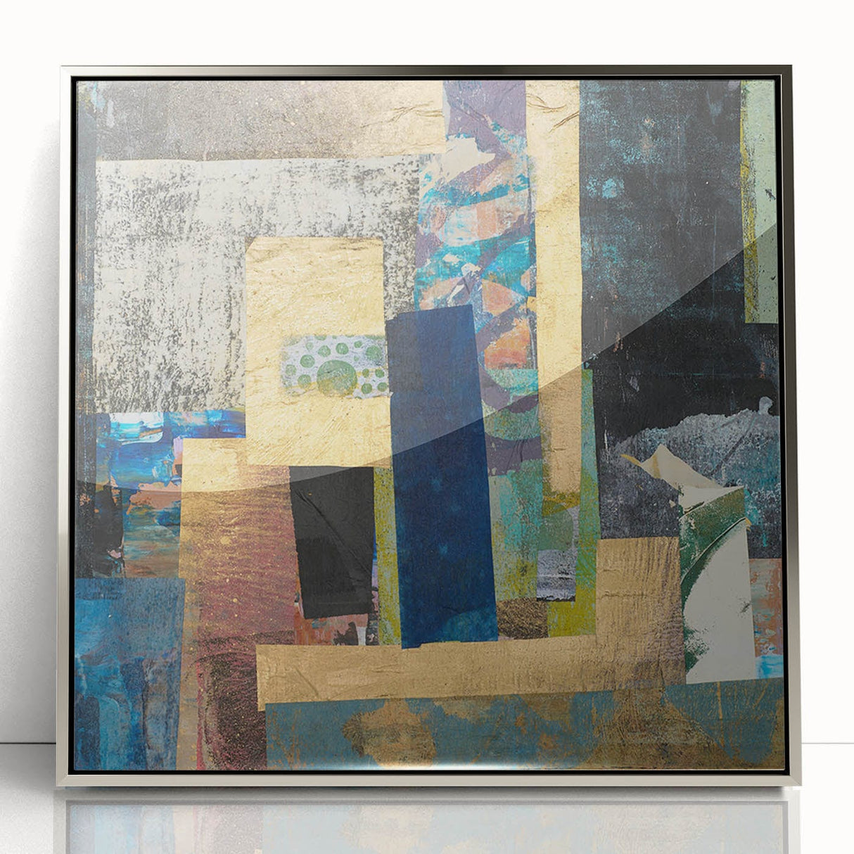 Geometric Moody Modern Wall Art - Abstract Blue & Gold Collage