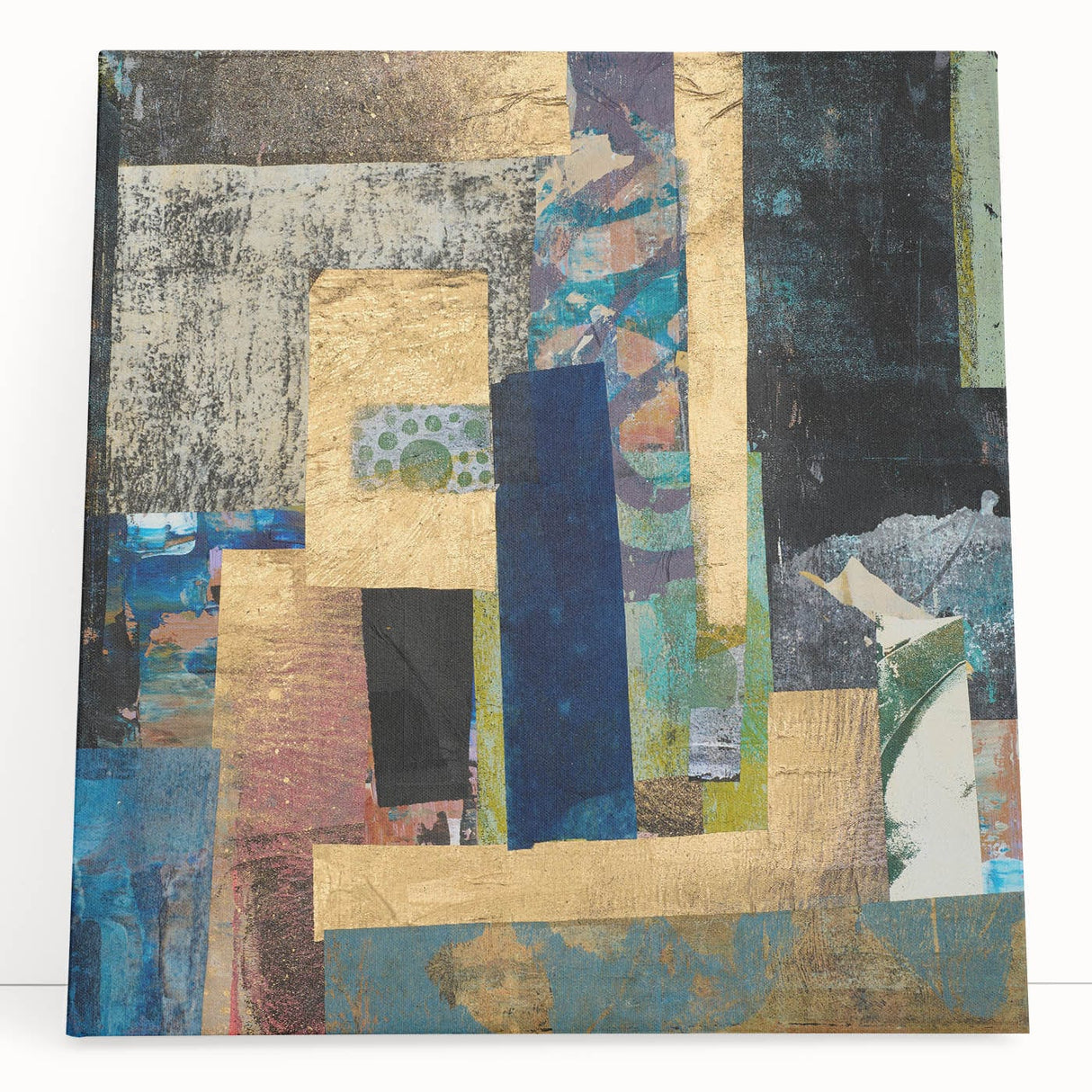 Geometric Moody Modern Wall Art - Abstract Blue & Gold Collage